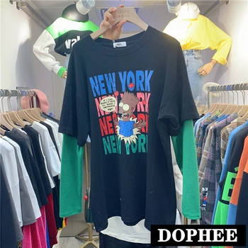 

New 2020 Spring Cartoon Printed T-shirt Round Collar Female Loose Long Sleeve Pullover Top Women Oversize Tee Shirts