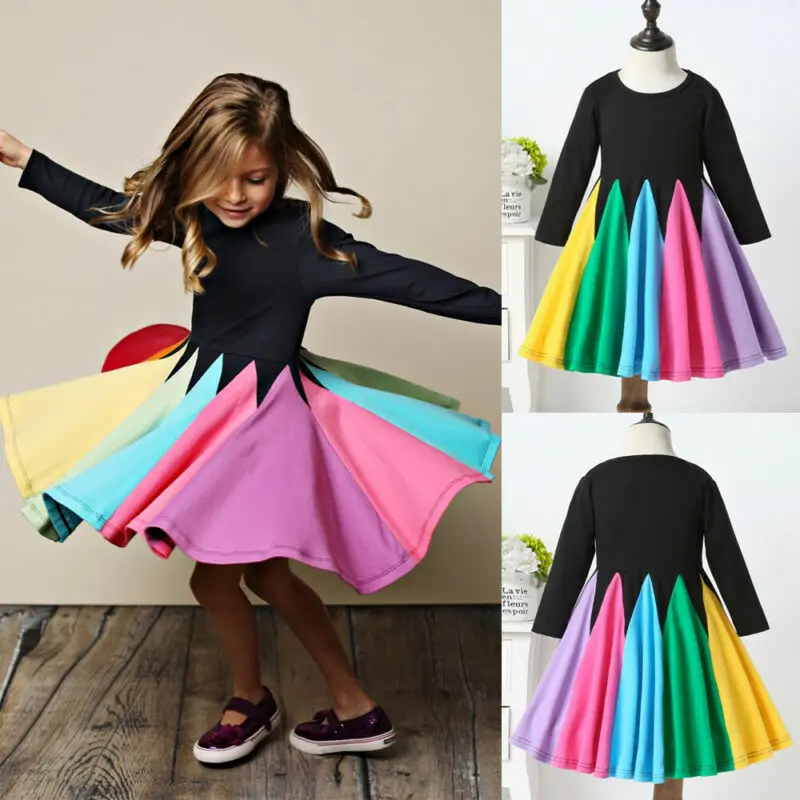 PUDCOCO/модное Радужное платье для маленьких девочек; хлопковое детское платье; яркие платья с длинными рукавами; осенняя одежда