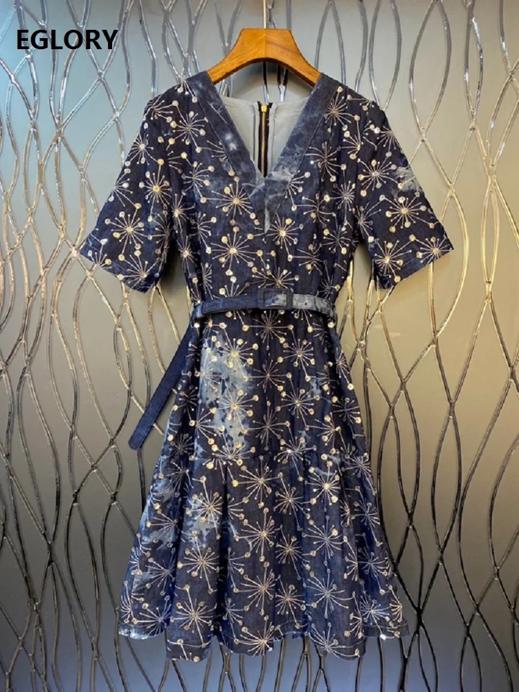 

2020 Autumn Fashion Denim Dress High Quality Women V-Neck Color Block Floral Print Belt Patchwork Short Sleeve Blue Jeans Dress