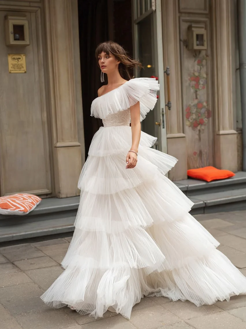 New Arrival Cake Dress Wedding Dresses Princess With One Shoulder Tiered Hemline Wedding Gowns Tulle Bridal Dress
