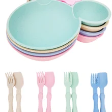 Service de table en paille de blé style dessin animé mignon pour bébé,ensemble de vaisselle qui comprend 3 pièces: un bol une fourchette et une cuillère, idéal pour apprendre un enfant en bas âge à manger, 