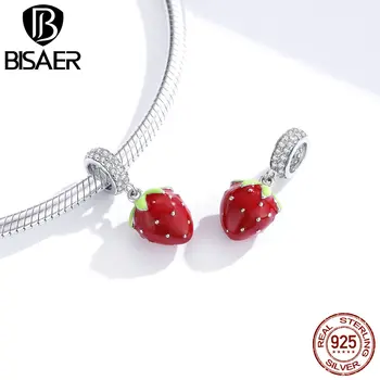 

BISAER Charms 925 Sterling Silver Red Strawberry Suspension Bead Pendant For Pan Bracelet 925 Silver Fine Charms Gift HSC1537