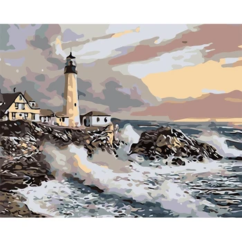 

ROYALDREAM Rock lighthouse Painting By Numbers Handpainted Canvas Painting Home Wall Picture For Living Room Unique Gift