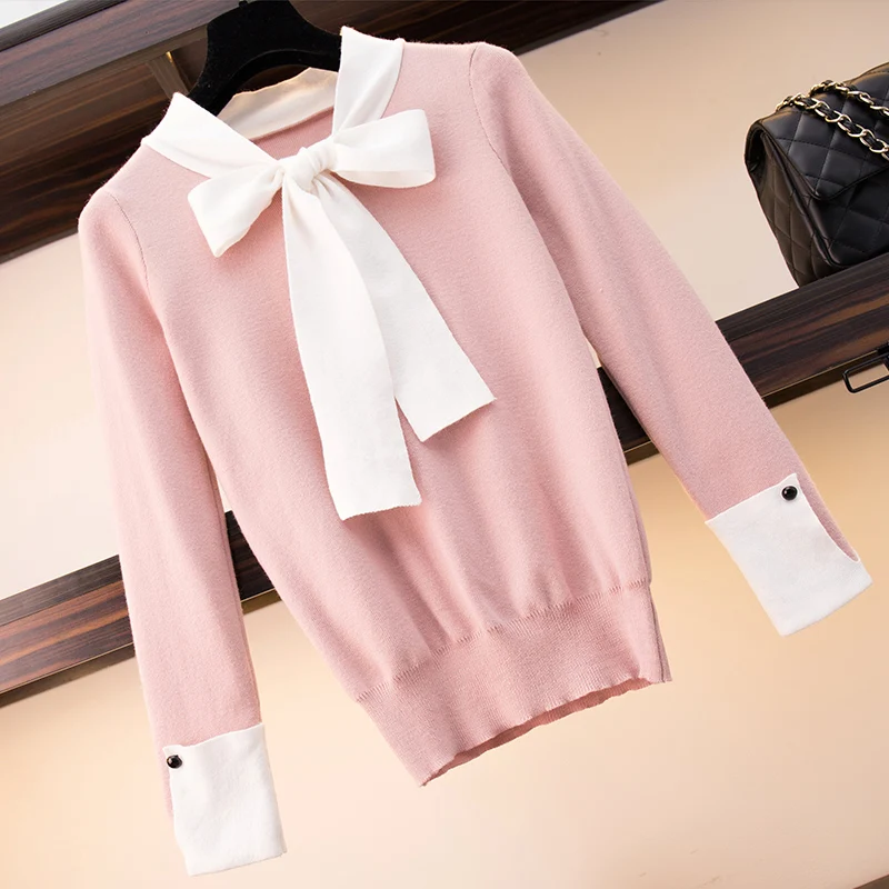 Высокое качество, чтобы снять розовый шерстяной свитер с бантом, рукав, юбка, костюм, который не ниже