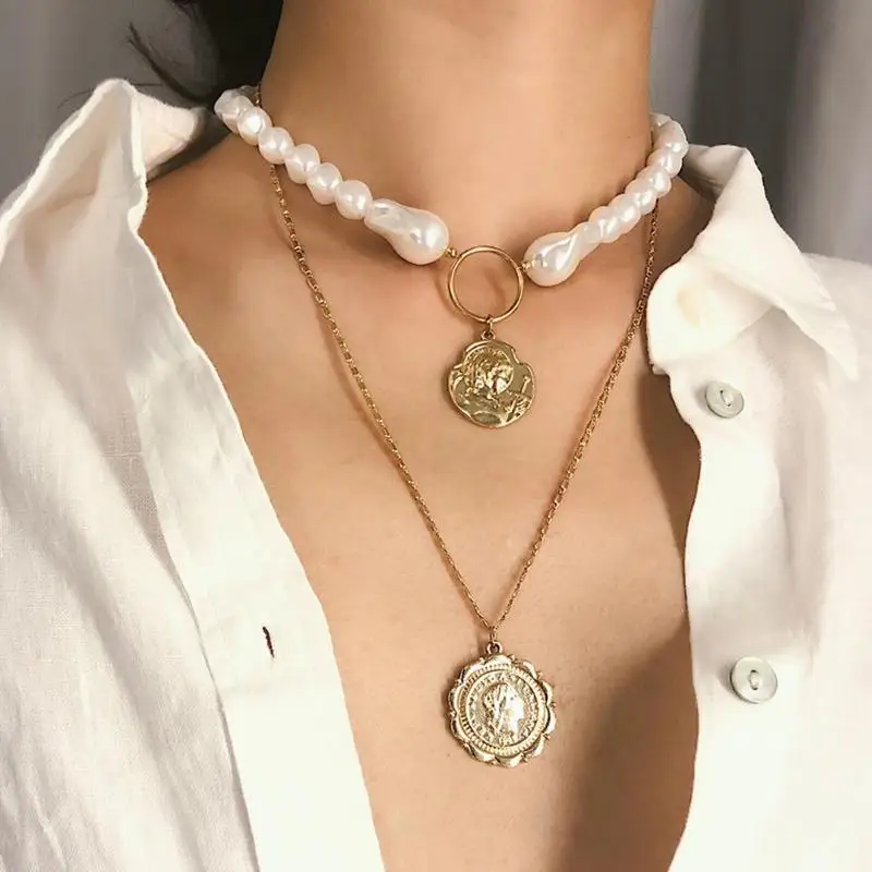 

New Necklace Fashion Popular Personality Boho Retro Silver Multi-layer Women's Necklace Coin Shell Pendant Choker Women Jewelry