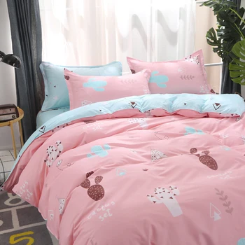 

Fashion cartoon printing bedding set girls boys Family kawaii purple pink black grey plaid bed sheet duvet cover bedding sets！