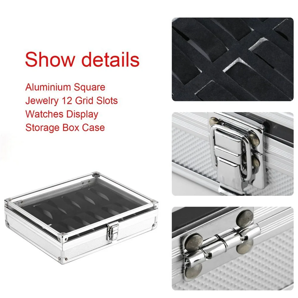 12 Grid Watches Storage Box Aluminium Plastic Rectangle Watch Holder Jewelry Display Case EIG88