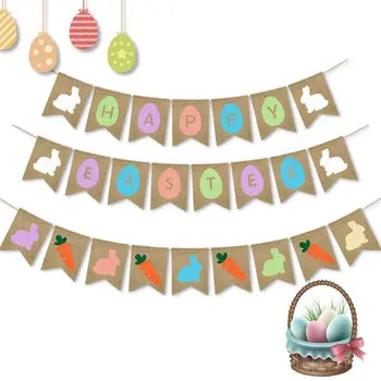 

3 Pcs Easter Egg Burlap Banner Rabbit Carrot Print Bunting Pull Flag Garlands Photo Prop Vintage Holiday Party DIY Decor