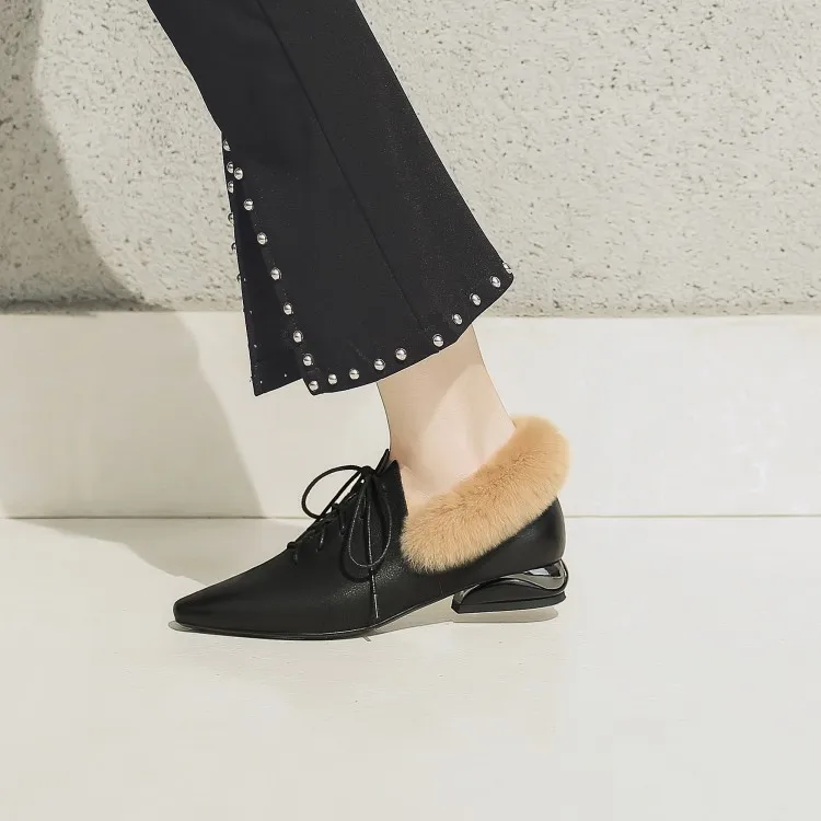 

Rabbit Fur mao xie Women's Semi-high Heeled Chunky-Heel Genuine Leather Pointed-Toe plus Velvet Shoes 2018 Autumn & Winter New S