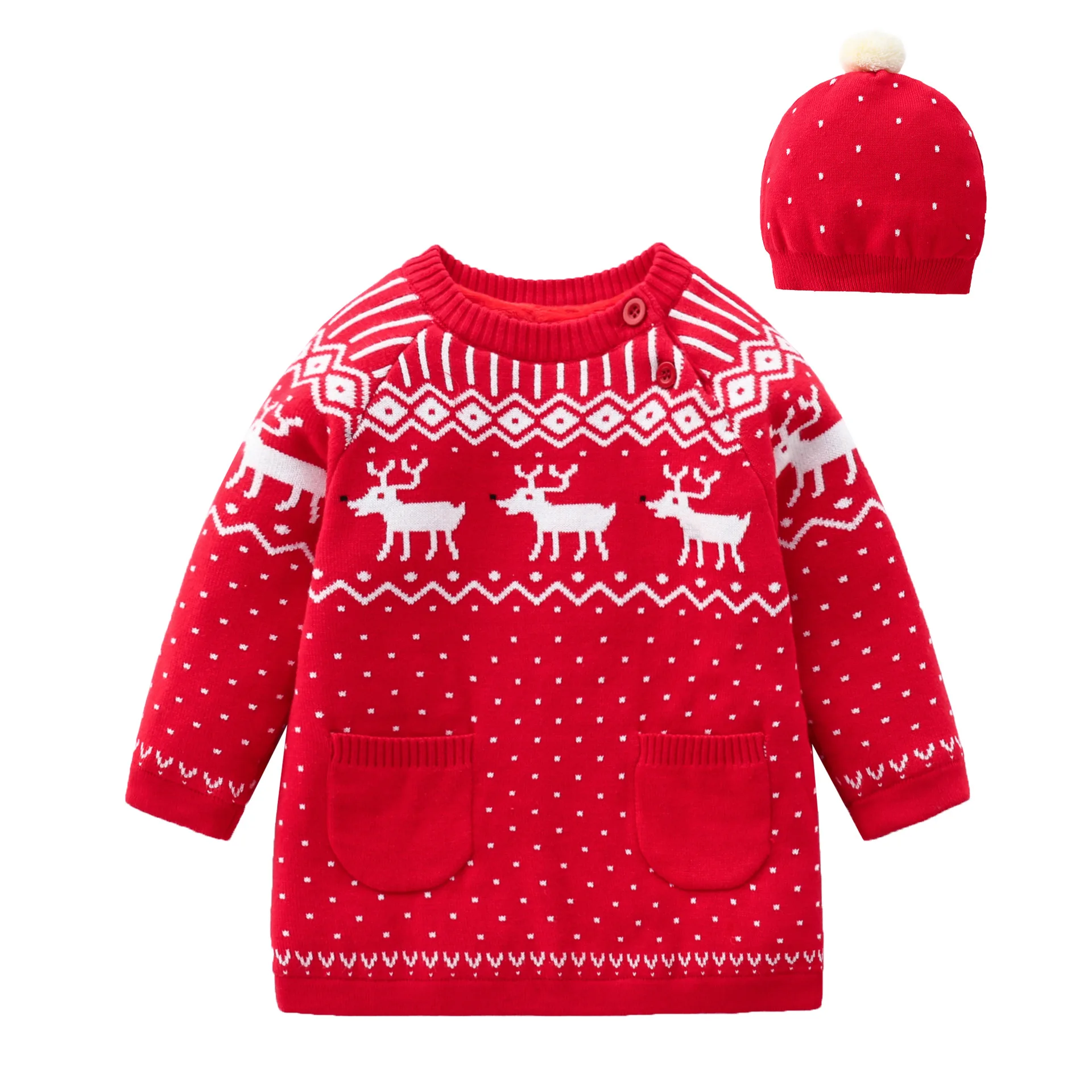 

Christmas Autumn and Winter New Dress Children 's Clothing Women 's Treasure Festive Red Deer Fleece Knitted Sweater Dress