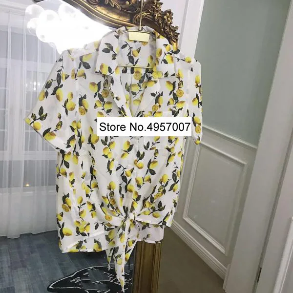 Women Lemon Printed Blouse Top With Short Sleeve & Ties Hem - Ladies Lemon Printing Shirt Top 2