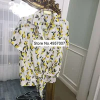 Women Lemon Printed Blouse Top With Short Sleeve & Ties Hem - Ladies Lemon Printing Shirt Top 2