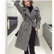 Женское двубортное пальто с поясом, длинное пальто из твидовой ткани в офисном стиле на осень и зиму