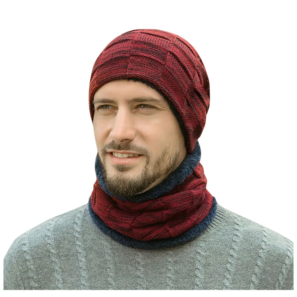 Зимняя мужская шапка, шарф, набор из 2 предметов, уличное вязаное кольцо для шляпы, шарф, набор, теплая плюшевая подкладка, толстая Мужская лыжная шапка, шарф, набор S/M Размер