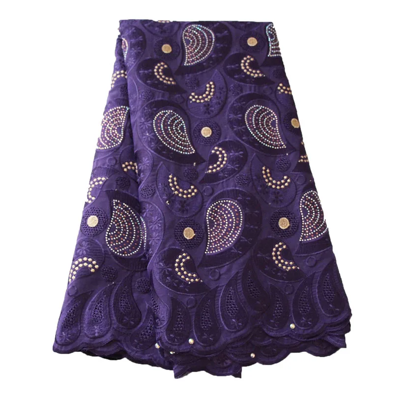

Purple Swiss Voile Lace Nigerian High Quality Lace Stones African Fashion Design Dress Lace Fabric 5 yards