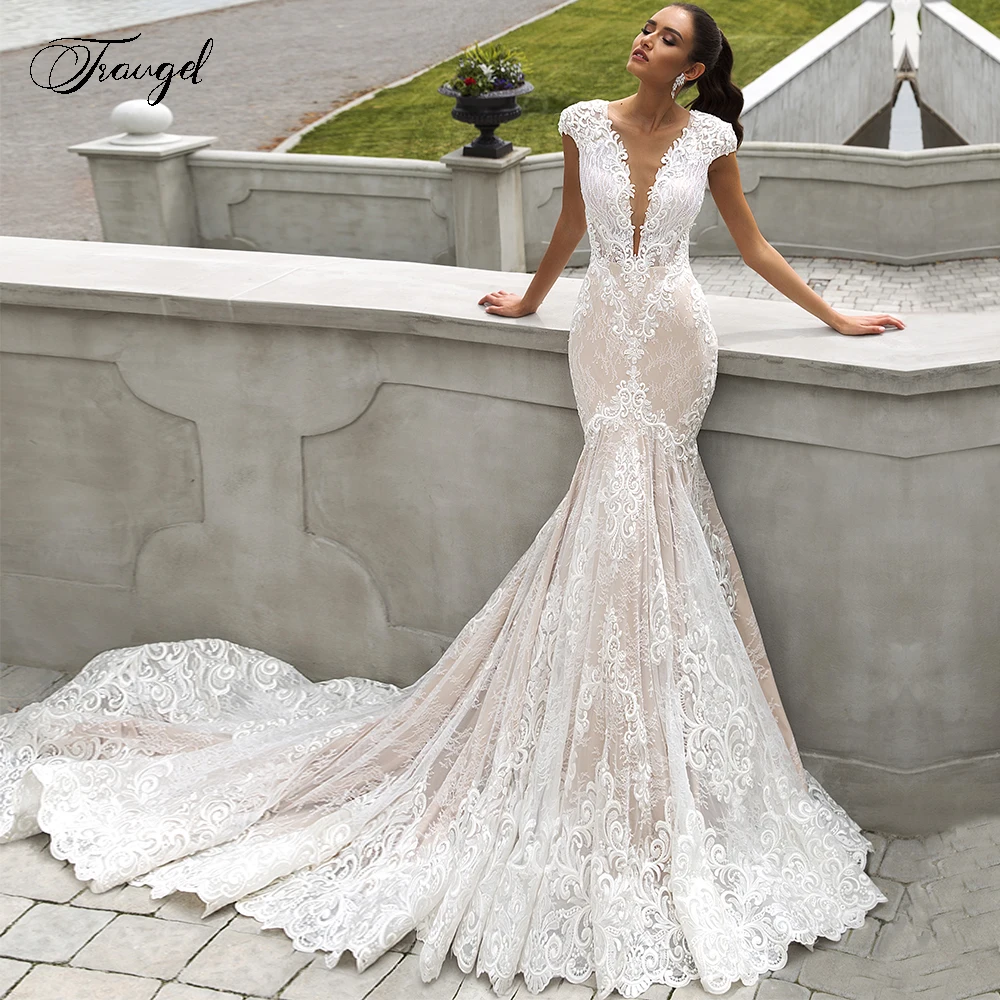 

Traugel Sexy Illusion O-Neck Lace Mermaid Wedding Dresses Luxury Applique Beaded Cap Sleeve Court Train Trumpet Bridal Gown