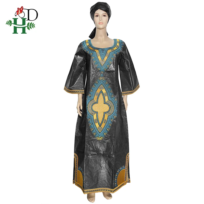 Черный H& D Bazin Riche Dashiki Платье женское плюс размер макси платья вышивка узор с камнями Анкара женская одежда новое поступление - Цвет: Черный
