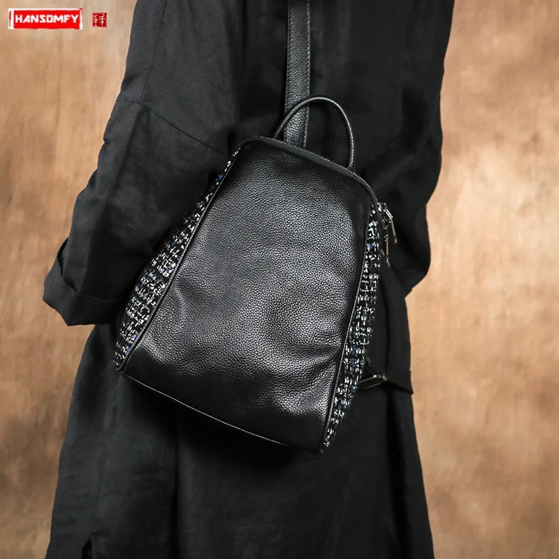 

2019 genuine leather women backpack female first layer leather printed shoulder bag soft black leather casual small backpacks