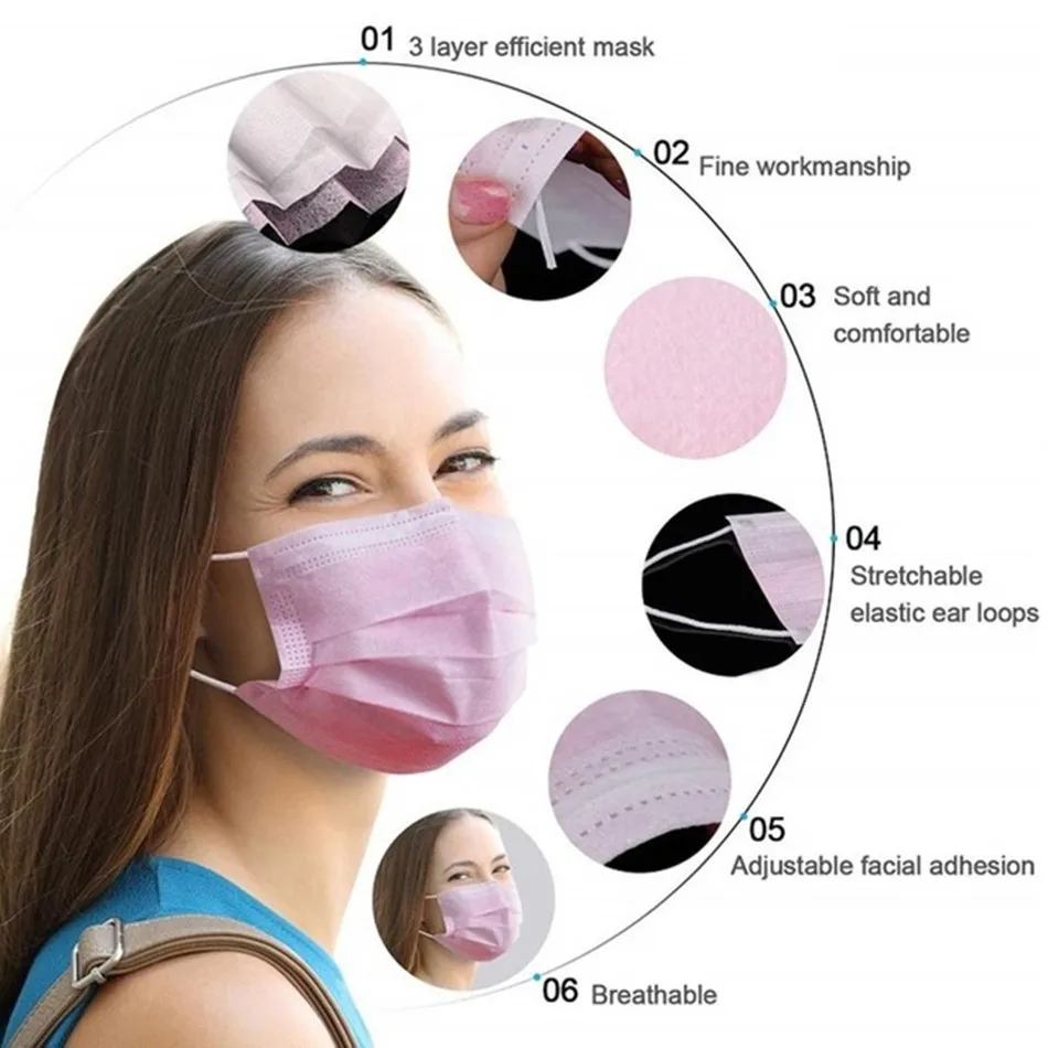 10-200PCS Disposable Mask Pink Mascarillas 3 Layers Women Masque Rose Face Masks Mouth Protective Dustproof Mascara Descartavel