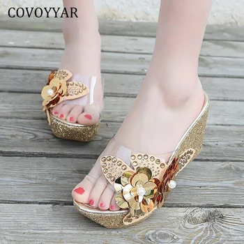 

COVOYYAR Floral Wedge Slippers Women Shoes Summer Rhinestone Beach Platform Sandals Sequins Bling Casual Slide Shoes WSL141
