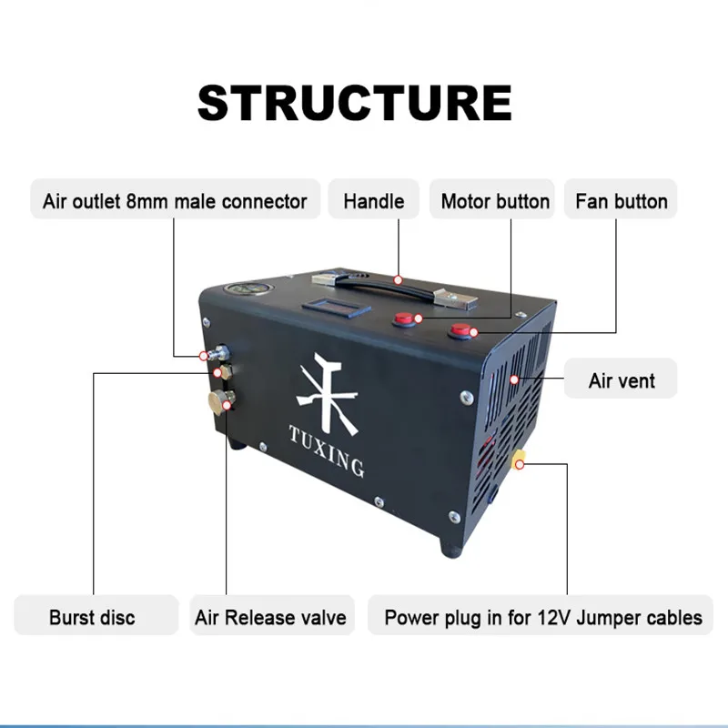 TUXING TXET062 4500Psi 300Bar 12V Pcp Air Compressor High Pressure Pump Portable Pump PCP Air Rifle Gun Pneumatic Inflator Tank