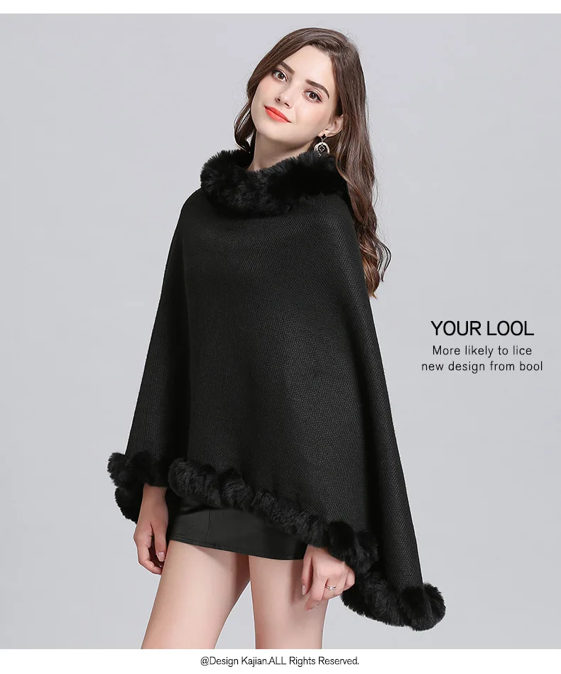 SC328, 6 цветов, однотонные пончо, плюс размер, пуловер, пальто, зимний плюс бархатный теплый вязаный свитер с круглым вырезом из искусственного лисьего меха, женские кейпы