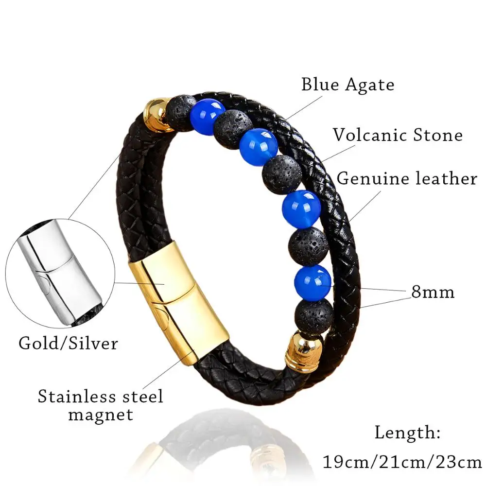 2020 New Design Genuine Leather Mens Bracelet Charms Stainless Steel Magnet 13 Style Natural Stone Beads Bracelets Men Jewelry