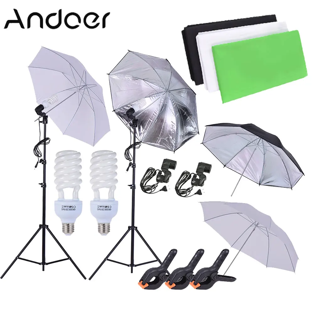 

Andoer 1.6*3m/5.2*9.8ft Studio Lighting Kit w/ 45W 230V Bulb+Swivel Socket+2m/6.6ft Light Stand+Umbrella+Background Stand etc