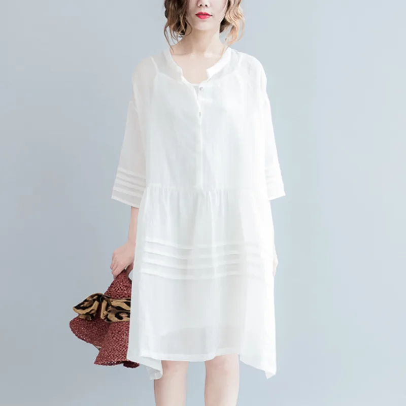 2020 Summer White Linen Dress Women V-neck See Through Dresses Plus Size Loose A-Line Lantern Sleeve Oversized Female vestidos 2020 Summer White Linen Dress Women V-neck See Through Dresses Plus Size Loose A-Line Lantern Sleeve Oversized Female vestidos