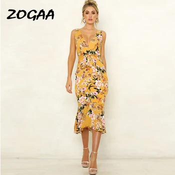 

ZOGAA Female Dress Elegant Floral Print V Neck Bow Long Dresses Women Bottom Ruffles Party Dresses Vestidos Verano New Clothing
