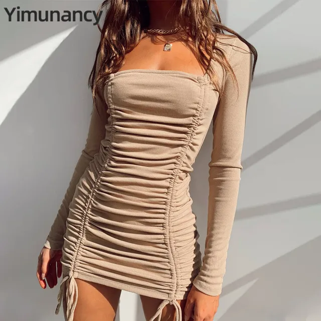 Yimunancy Long Sleeve Bodycon Dress Women Ruched Dress 2020 Autumn Ladies Khaki Square Collar Knitted Dress Robes 1
