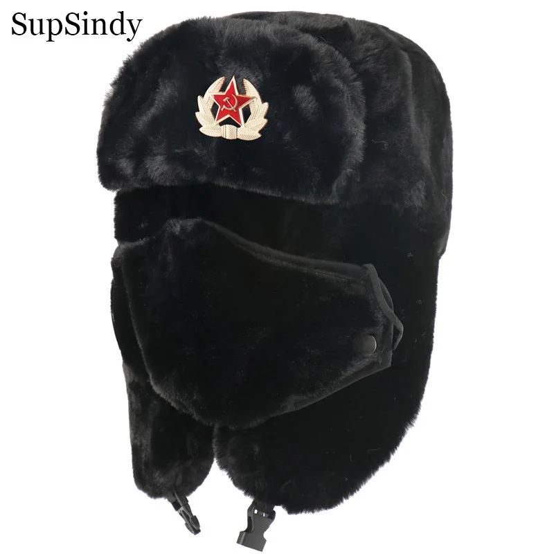 SupSindy Army Military Soviet CCCP Ushanka Men&Women Winter Earflap Bomber Hat Warm Faux Fur Windproof Thermal hat Snow ski Caps winter hat earflap hat faux fur hat