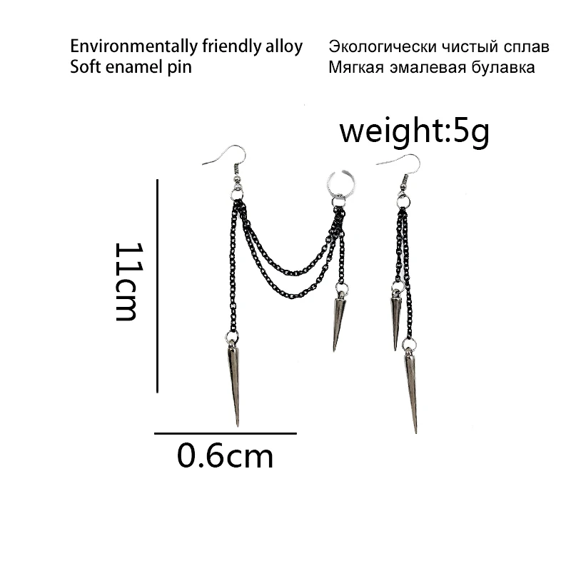 Dangle Earrings Chain Ear Clips Crystal Tassel Earrings Black chain tassel ear-hook Asymmetry Multilayer chain Punk Hip hop personality Jewelry Ear clip For Women Girls