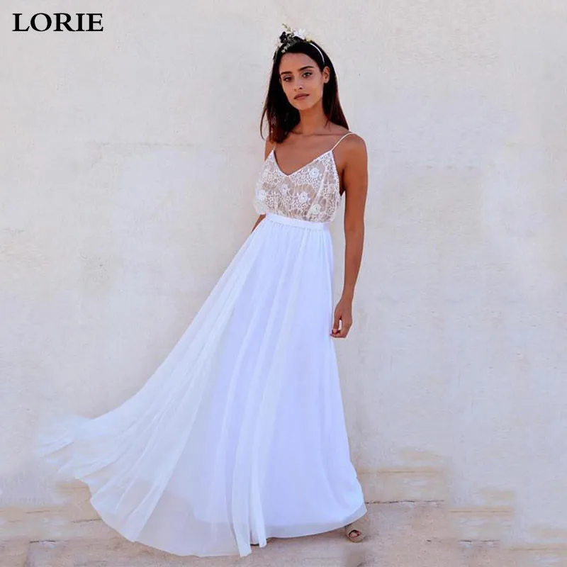 Lorie Strand Trouwjurk Een Lijn Chiffon Kant Spaghettibandjes Bridal Jurken Boho V-hals Vestidos De Novia