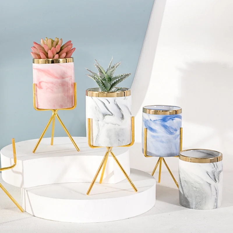 

Ceramics Iron Vases for Flower Nordic Minimalism Style Marble Pattern Flower Plants Pots Golden Art Container Planter xmas