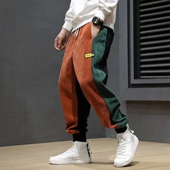 

Autumn Winter Fashion Men Jeans Loose Fit Spliced Designer Casual Harem Pants Elastic Waist Hip Hop Corduroy Joggers Pants Men