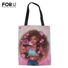 FORUDESIGNS/Модные женские льняные мешочки черные африканские девушки принты шаблон девушки холст сумки афро искусство Дизайн хозяйственные сумки