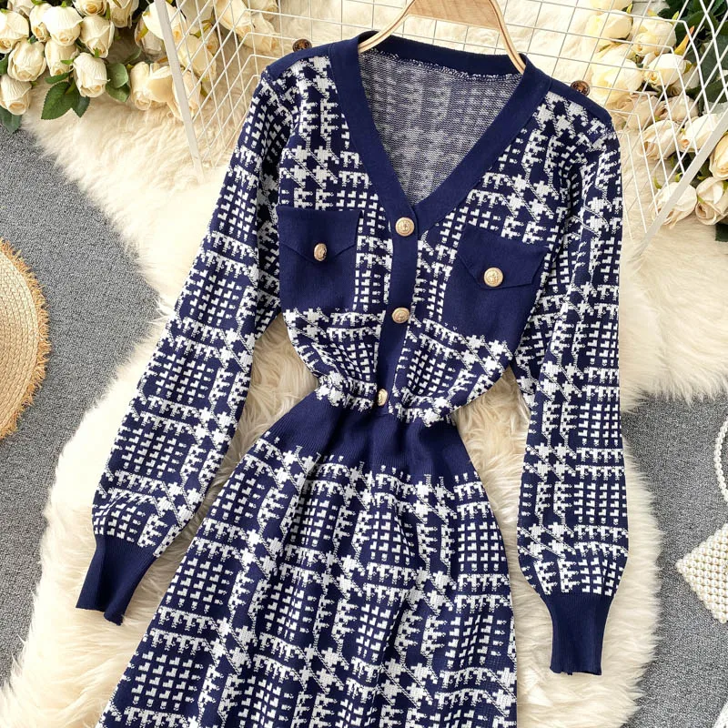 New Fashion Autumn Winter Dress Women Elegant Vintage Patchwork Plaid Dresses Ladies A-Line Knitted Dress