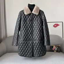 

2021 Winter High Quality Natural Sheep Leather Coat Women Mid-Long Slim Plaid Leather Down Printing Jacket Mink Fur Collar
