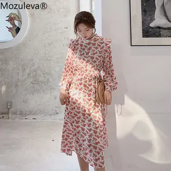 

Mozuleva Elegant Stand Collar Ruffles Women Dress Full Sleeve Elastic Waist Female Chiffon Dress 2019 Autumn Midi Vestidos femme