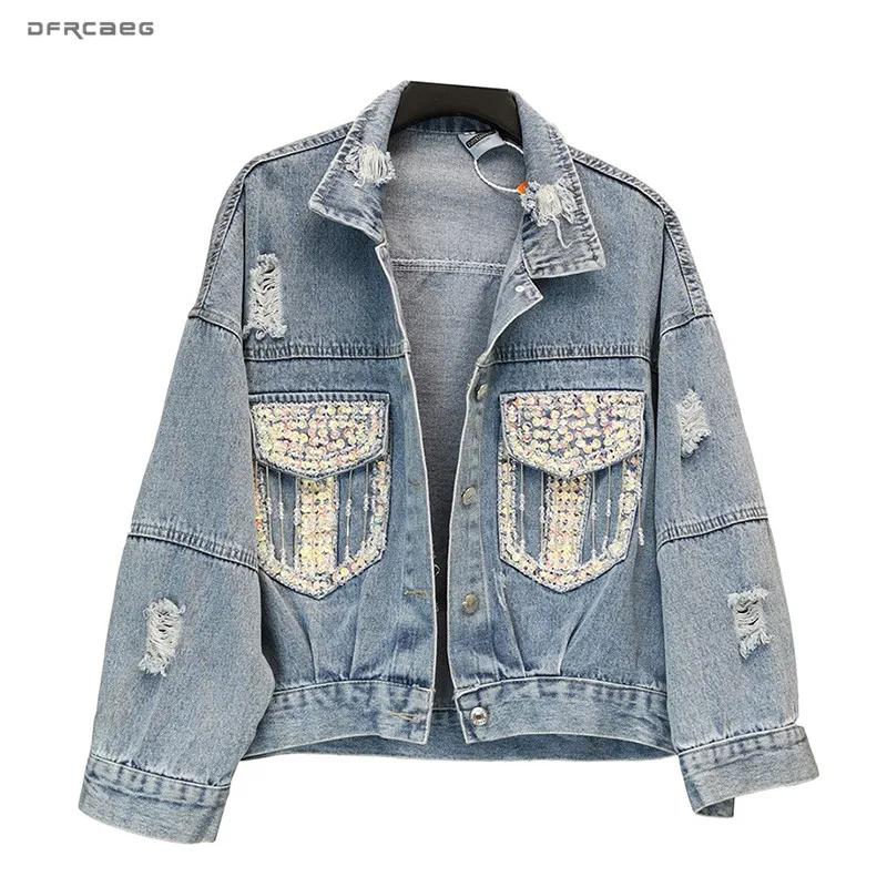

Retro BF Hole Women Denim Jacket With Sequins 2020 Spring Long Sleeve Loose Streetwear Ladies Hole Jeans Coats Outwear