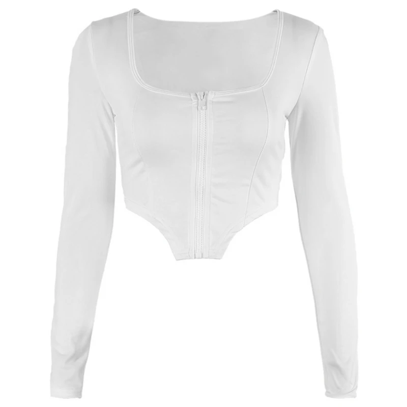 

Women Long Sleeve Zipper T Shirt Sexy Square Neck Irregular Hem Bodycon Crop Top 7XEC