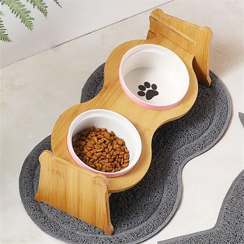 

New Pets Double Bowl Dog Cat Food Water Dog Feeder Stand Raised Ceramic Dish Bowl Wooden Table Cute Cat Bowl Pet Supplies