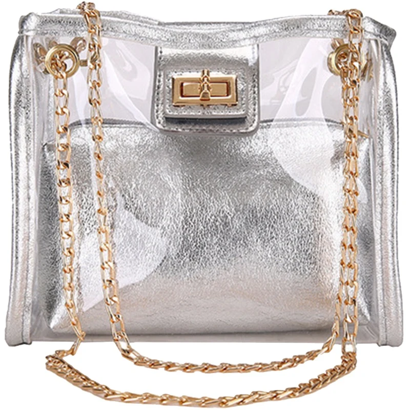

Transparent Ladies Bag Jelly Chain Ladies Handbag Beach Shoulder Bag Holographic Wallet And Handbag Silver