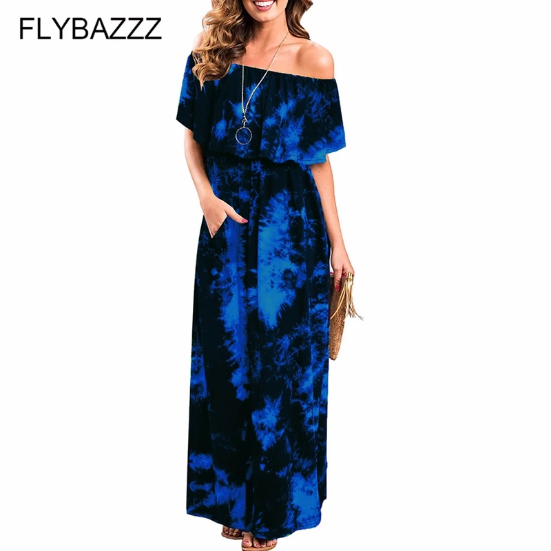 

Off Shoulder Tie-Dye Print Vintage Long Dresses Women Sexy Ruffle Side Split With Pocket Dress Holiday Loose Beach Maxi Dress2XL