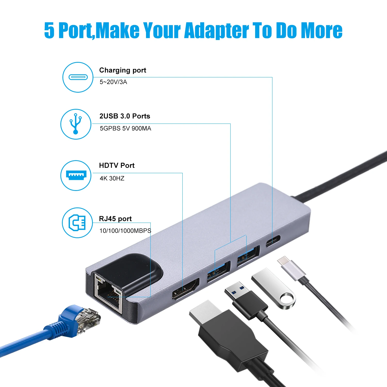 5 в 1 концентратор USB Type C Hdmi 4K USB C концентратор для Gigabit Ethernet Rj45 Lan адаптер для huawei MacBook Thunderbolt 3 USB-C зарядное устройство