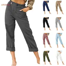 

2021 Vintage Urban Women's Cropped Trousers Solid Color Cotton Linen Fashion Loose High Waist Casual Summer pants Clothing