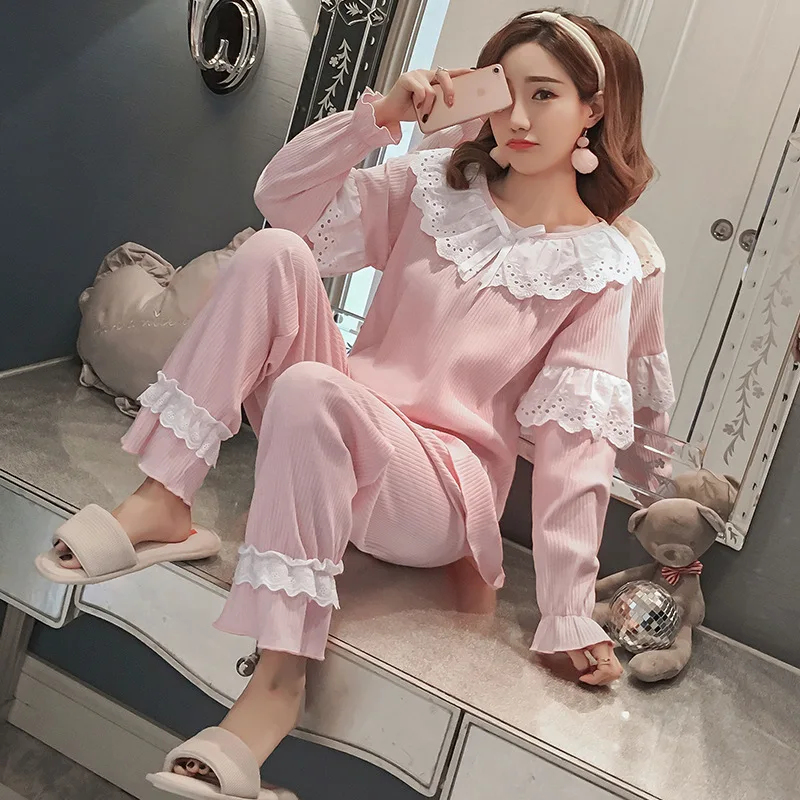 

Spring And Autumn New Style Sweet Cute Pajamas Women's Princess Style Lace Combed Cotton Long Sleeve Trousers Home Wear Two-Piec