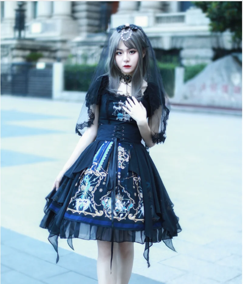 

Gothic vintage lolita dress lace bowknot square collar printing victorian dress kawaii girl gothic lolita op/jsk loli cosplay