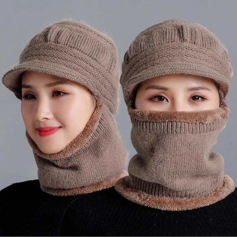 Зимние шапки Skullies Beanies, шляпа для мамы, модная женская шерстяная шапка-шарф, Балаклава, маска, шапка, вязаные шапки в полоску